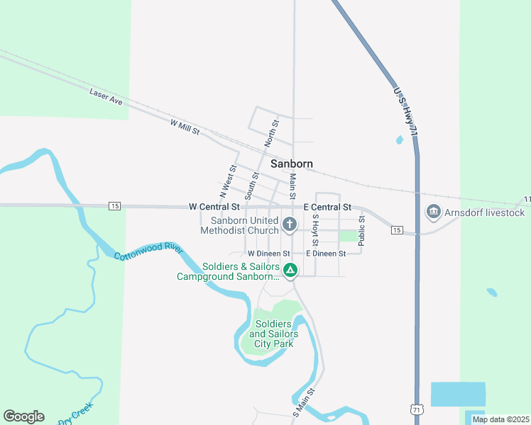 map of restaurants, bars, coffee shops, grocery stores, and more near 120 South Dotson Street in Sanborn