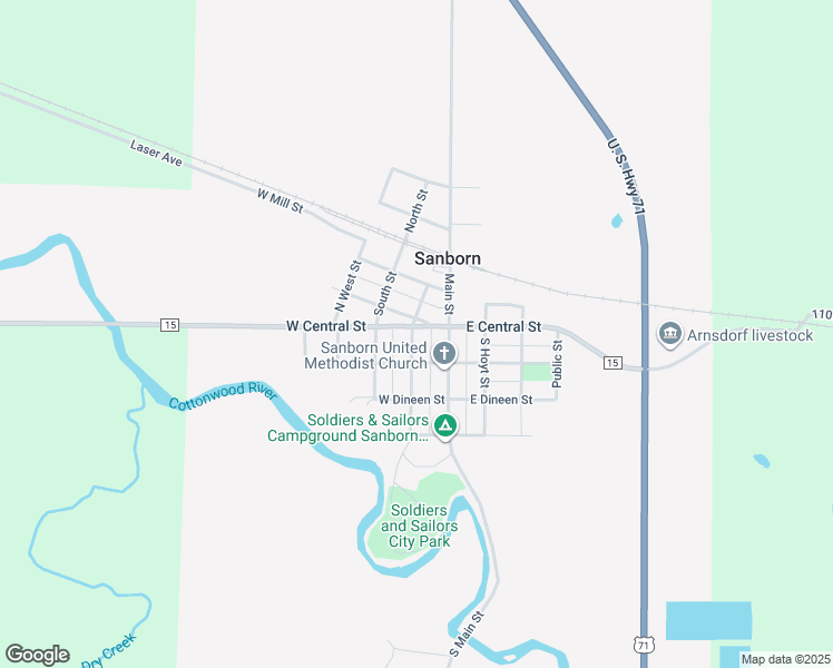 map of restaurants, bars, coffee shops, grocery stores, and more near 120 South Dotson Street in Sanborn