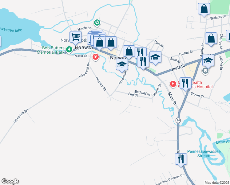 map of restaurants, bars, coffee shops, grocery stores, and more near 1 Elm Street in Norway