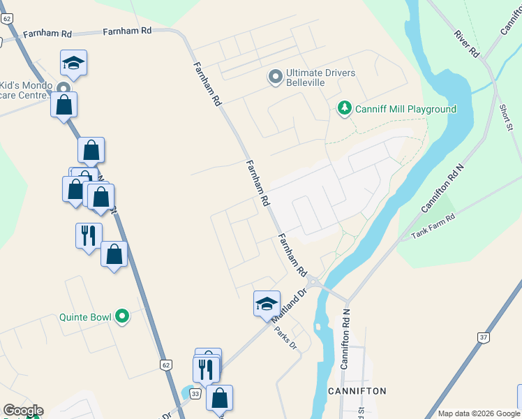 map of restaurants, bars, coffee shops, grocery stores, and more near 361 Farnham Road in Belleville
