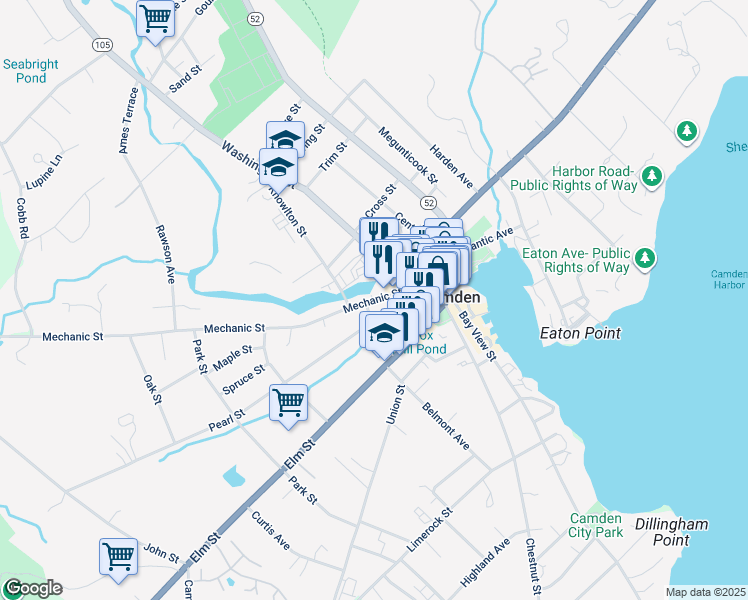 map of restaurants, bars, coffee shops, grocery stores, and more near 30 Mechanic Street in Camden
