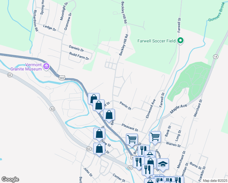 map of restaurants, bars, coffee shops, grocery stores, and more near 100 Beckley Street in Barre