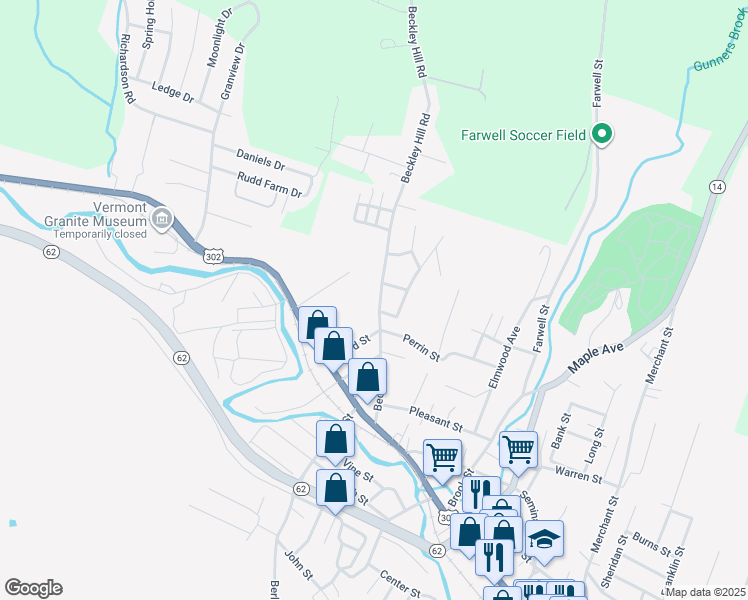 map of restaurants, bars, coffee shops, grocery stores, and more near 100 Beckley Street in Barre