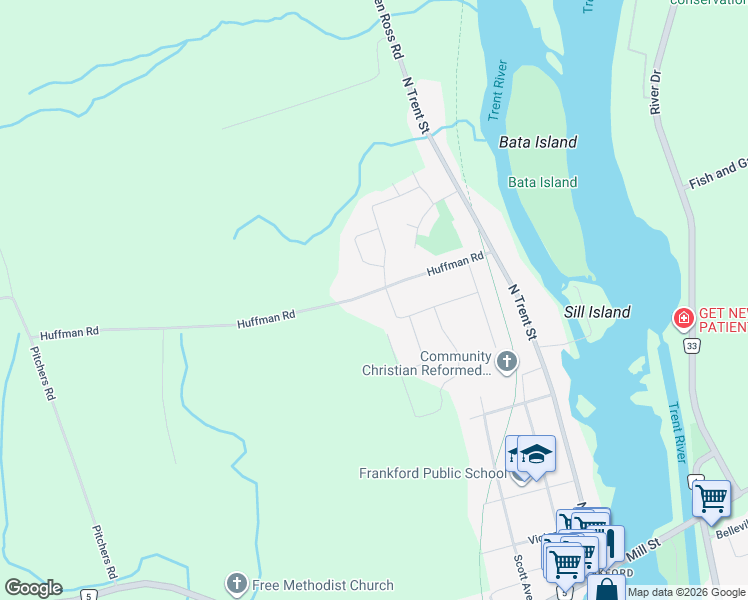 map of restaurants, bars, coffee shops, grocery stores, and more near 79 Huffman Road in Quinte West