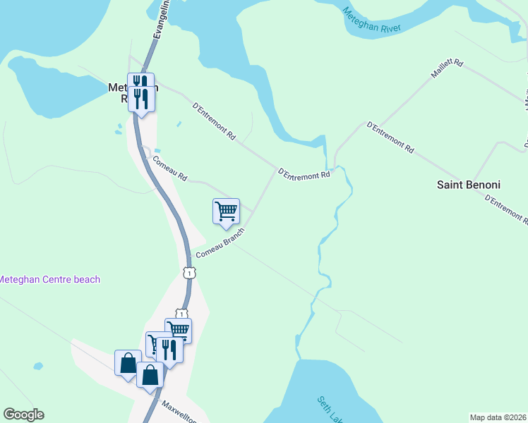 map of restaurants, bars, coffee shops, grocery stores, and more near 88 Comeau Branch in Meteghan River