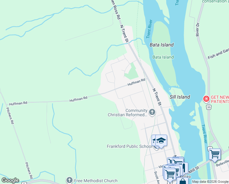 map of restaurants, bars, coffee shops, grocery stores, and more near 79 Huffman Road in Quinte West