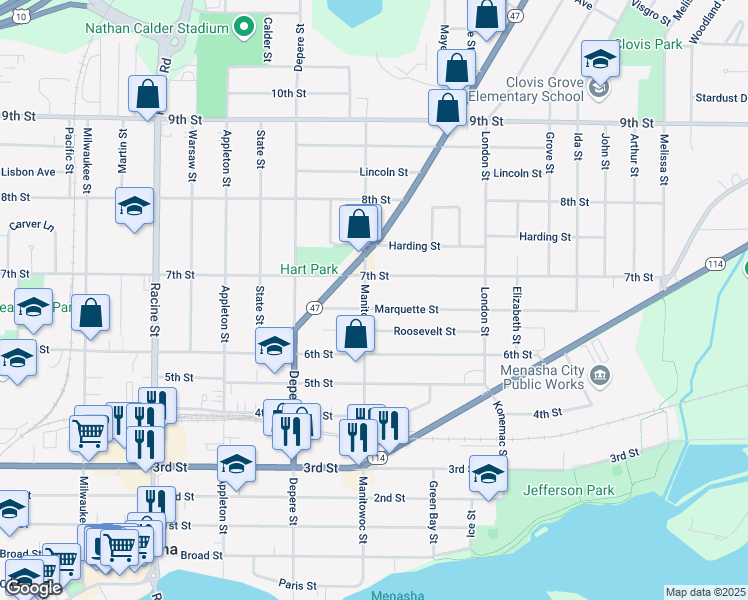 map of restaurants, bars, coffee shops, grocery stores, and more near 627 Manitowoc Street in Menasha