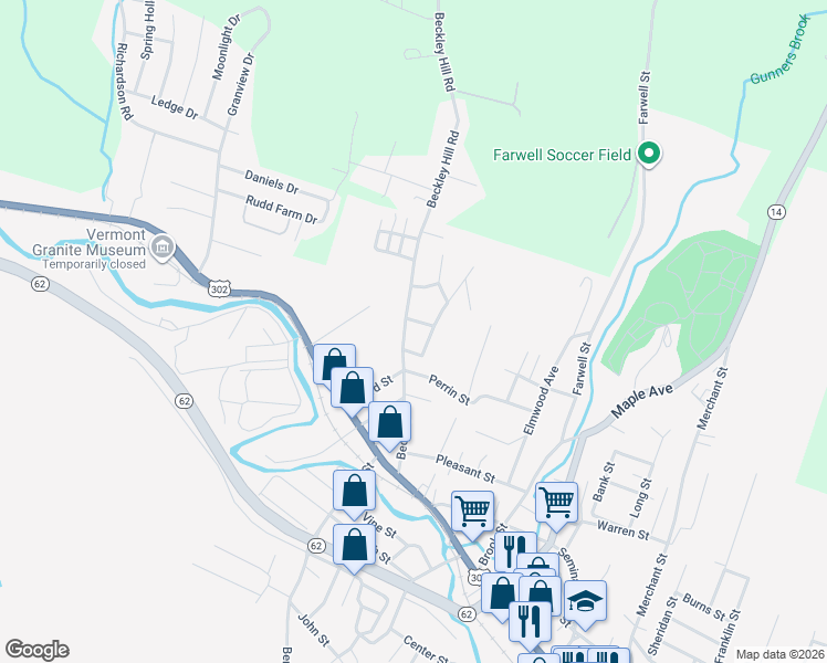 map of restaurants, bars, coffee shops, grocery stores, and more near 100 Beckley Street in Barre