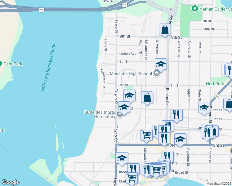 map of restaurants, bars, coffee shops, grocery stores, and more near 298 Sunset Drive in Menasha