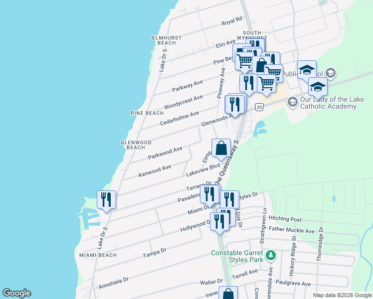 map of restaurants, bars, coffee shops, grocery stores, and more near 494 Aleah Crescent in Georgina
