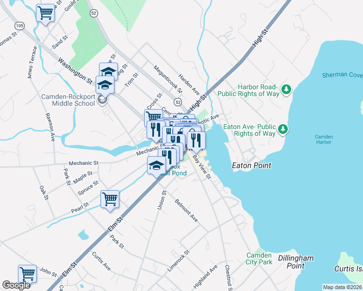map of restaurants, bars, coffee shops, grocery stores, and more near 10 Mechanic Street in Camden