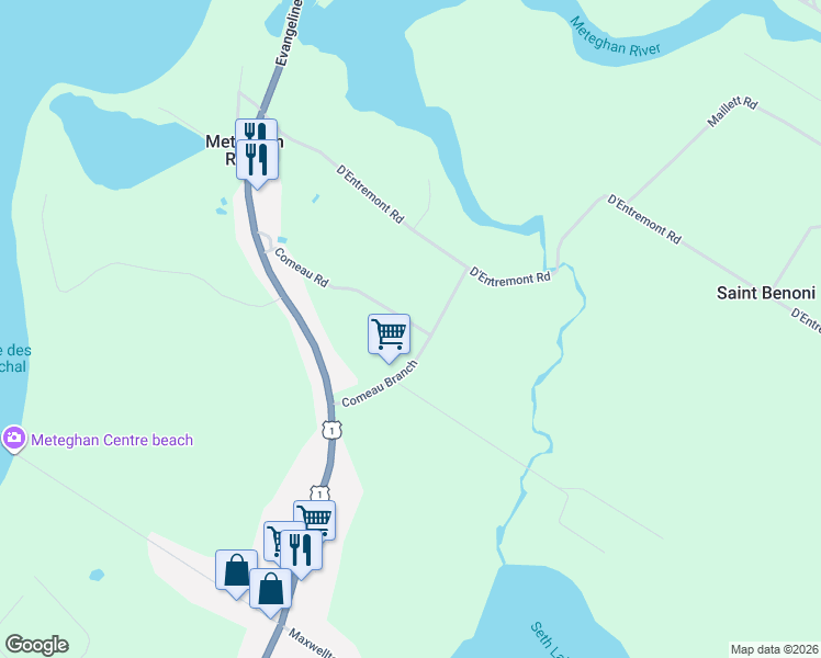 map of restaurants, bars, coffee shops, grocery stores, and more near 116 Comeau Road in Meteghan River