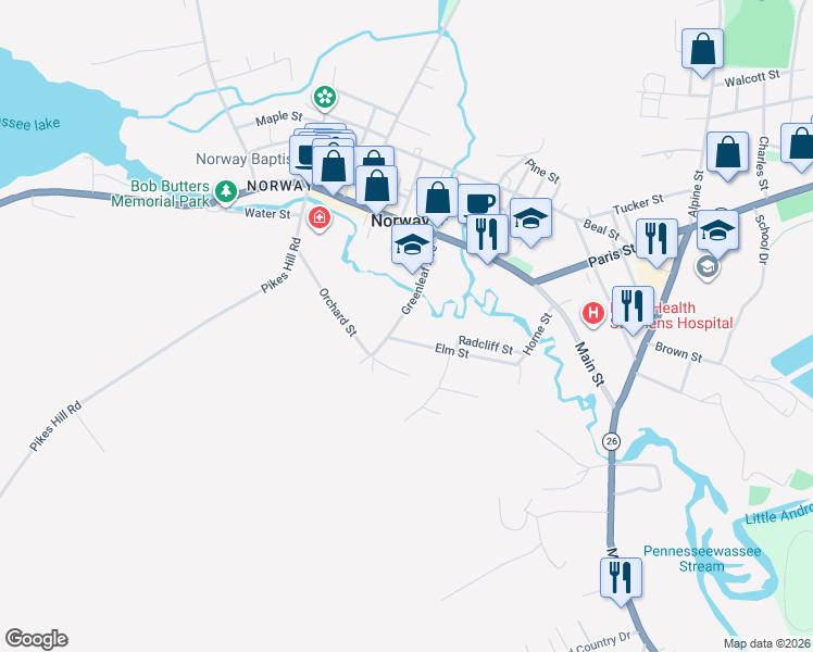 map of restaurants, bars, coffee shops, grocery stores, and more near 1 Elm Street in Norway