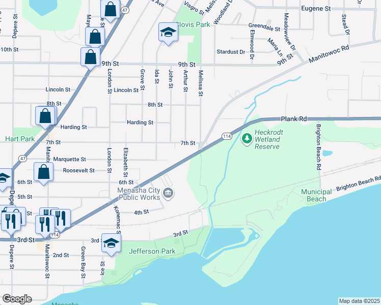 map of restaurants, bars, coffee shops, grocery stores, and more near 1000 Plank Road in Menasha