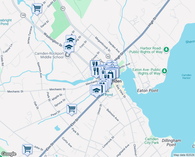 map of restaurants, bars, coffee shops, grocery stores, and more near 30 Mechanic Street in Camden
