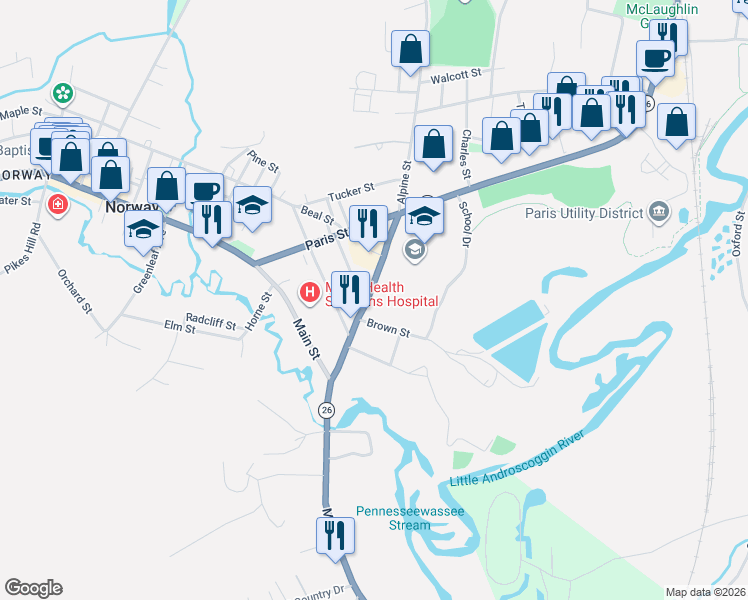 map of restaurants, bars, coffee shops, grocery stores, and more near 39 Fair Street in Norway