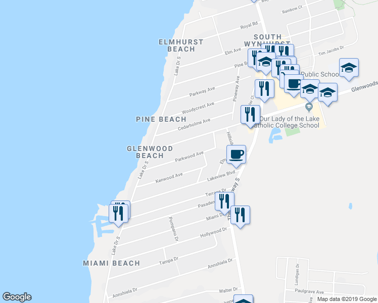 map of restaurants, bars, coffee shops, grocery stores, and more near 274 Parkwood Avenue in Georgina