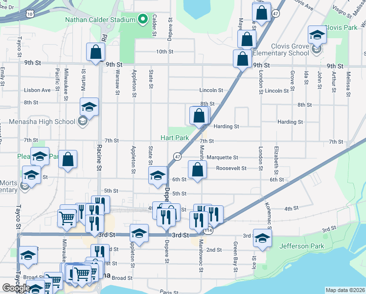 map of restaurants, bars, coffee shops, grocery stores, and more near 729 Marquette Street in Menasha