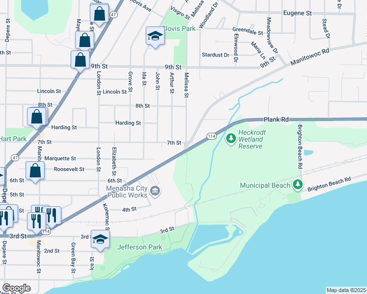 map of restaurants, bars, coffee shops, grocery stores, and more near 717 Arthur Street in Menasha