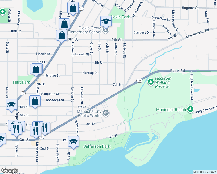 map of restaurants, bars, coffee shops, grocery stores, and more near 709 John Street in Menasha
