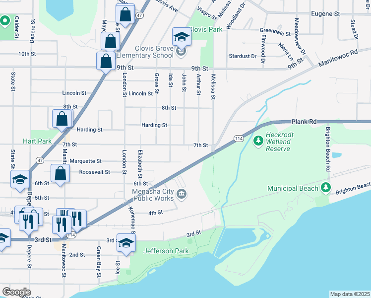 map of restaurants, bars, coffee shops, grocery stores, and more near 961 7th Street in Menasha