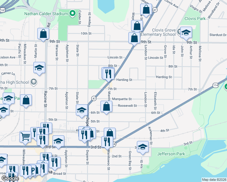 map of restaurants, bars, coffee shops, grocery stores, and more near 709 Manitowoc Street in Menasha