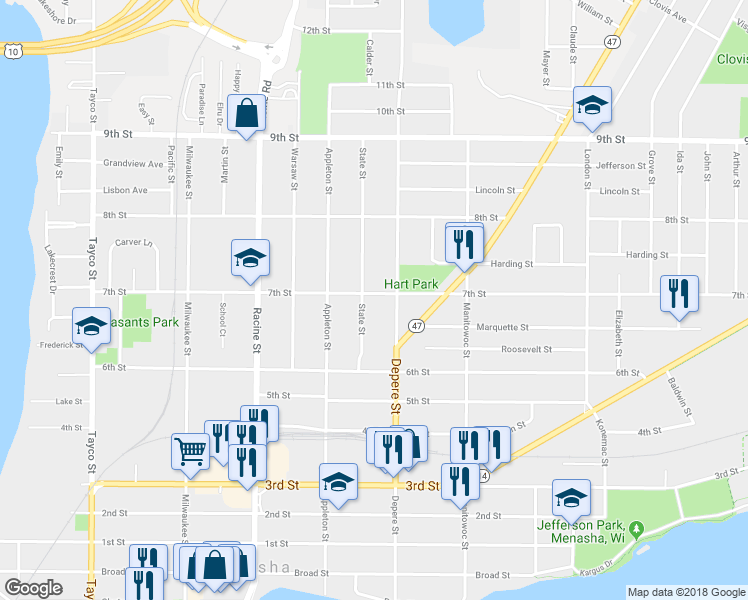 map of restaurants, bars, coffee shops, grocery stores, and more near 631 7th Street in Menasha