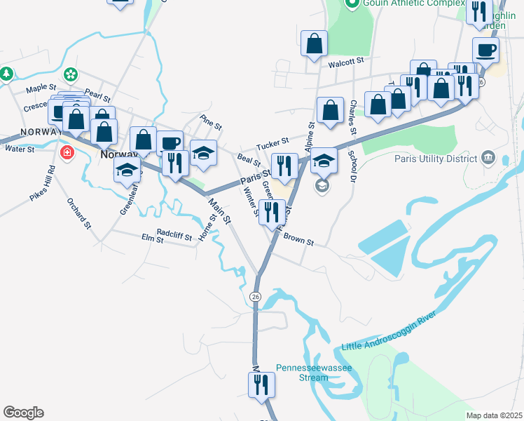 map of restaurants, bars, coffee shops, grocery stores, and more near 34 Winter Street in Norway