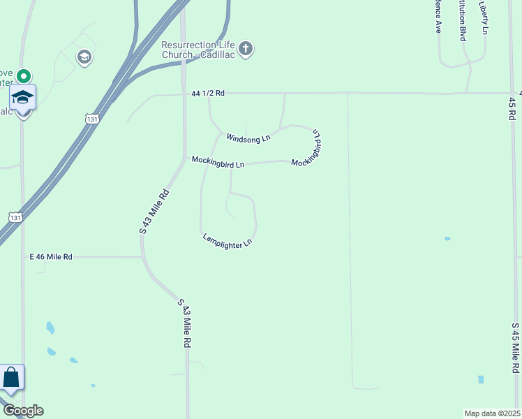 map of restaurants, bars, coffee shops, grocery stores, and more near 8948 Lamplighter Lane in Cadillac
