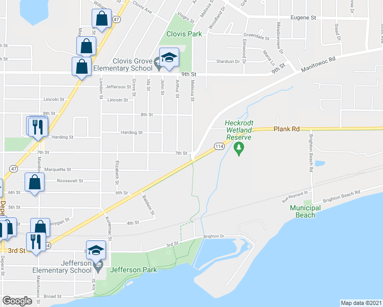 map of restaurants, bars, coffee shops, grocery stores, and more near 511 Broad Street in Menasha