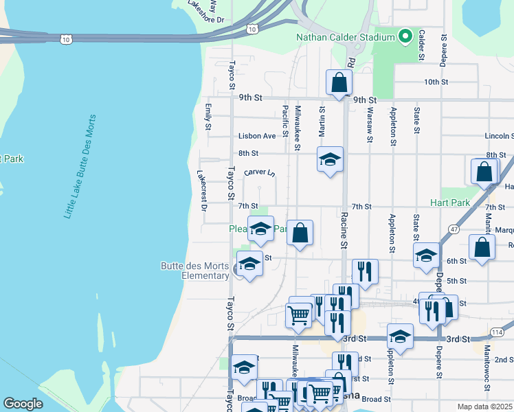 map of restaurants, bars, coffee shops, grocery stores, and more near 700 Kinzie Court in Menasha