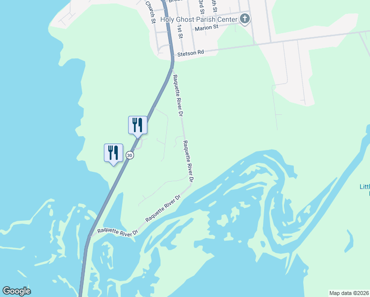 map of restaurants, bars, coffee shops, grocery stores, and more near 155 Raquette River Drive in Tupper Lake