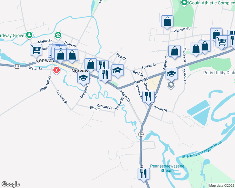map of restaurants, bars, coffee shops, grocery stores, and more near 206 Main Street in Norway