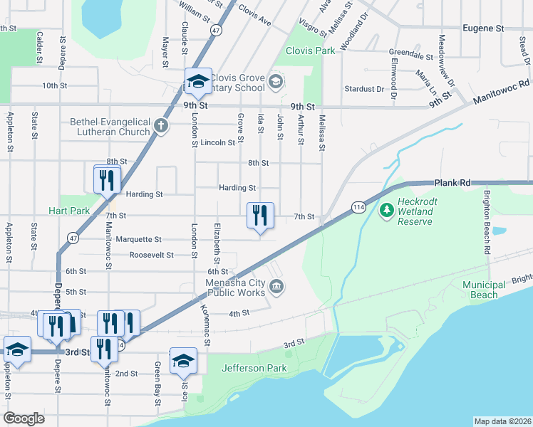 map of restaurants, bars, coffee shops, grocery stores, and more near 709 Ida Street in Menasha