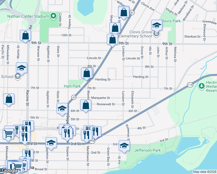 map of restaurants, bars, coffee shops, grocery stores, and more near 856 7th Street in Menasha