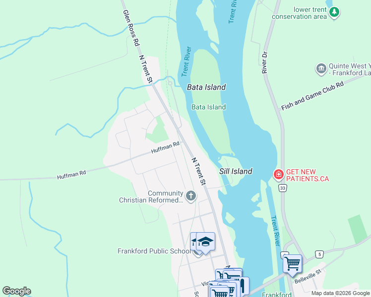 map of restaurants, bars, coffee shops, grocery stores, and more near 13 Huffman Road in Quinte West