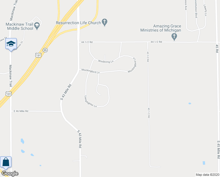 map of restaurants, bars, coffee shops, grocery stores, and more near 8948 Lamplighter Lane in Cadillac