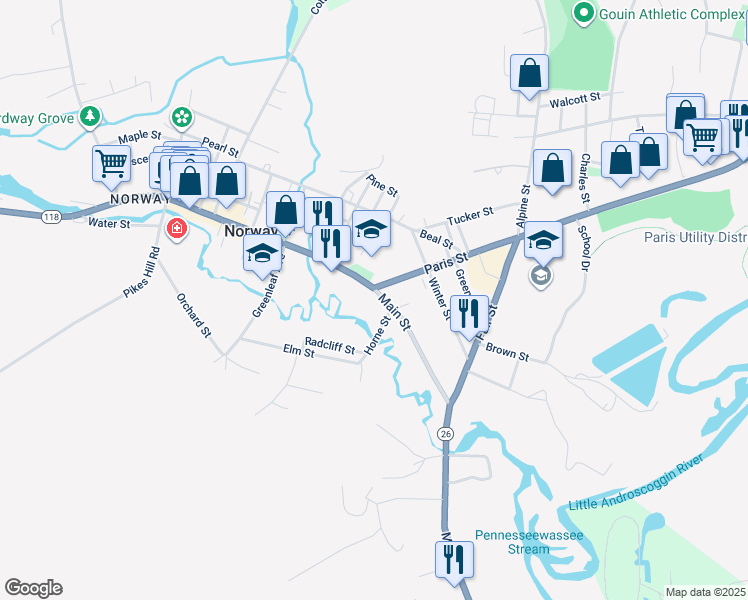 map of restaurants, bars, coffee shops, grocery stores, and more near 206 Main Street in Norway
