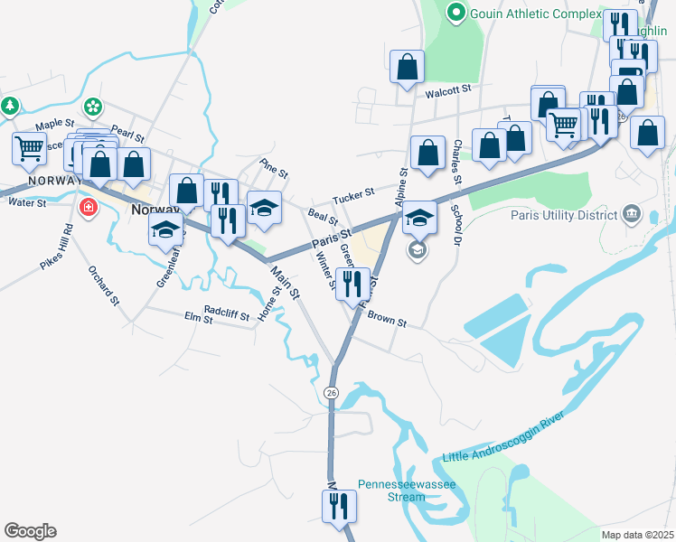 map of restaurants, bars, coffee shops, grocery stores, and more near 34 Winter Street in Norway