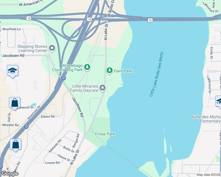map of restaurants, bars, coffee shops, grocery stores, and more near 1135 North Lake Street in Neenah