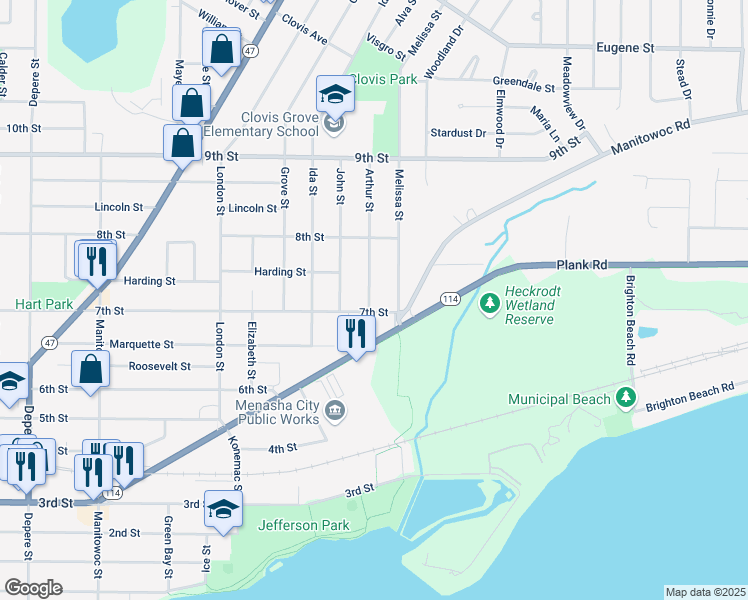 map of restaurants, bars, coffee shops, grocery stores, and more near 717 Arthur Street in Menasha