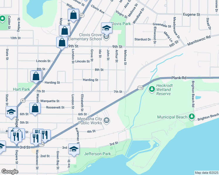 map of restaurants, bars, coffee shops, grocery stores, and more near 709 John Street in Menasha