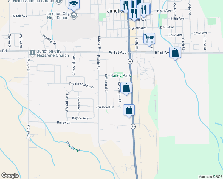 map of restaurants, bars, coffee shops, grocery stores, and more near 445 Southwest Juniper Street in Junction City
