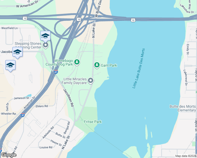 map of restaurants, bars, coffee shops, grocery stores, and more near 1135 North Lake Street in Neenah
