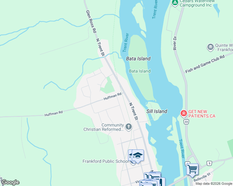map of restaurants, bars, coffee shops, grocery stores, and more near 16 Huffman Road in Quinte West