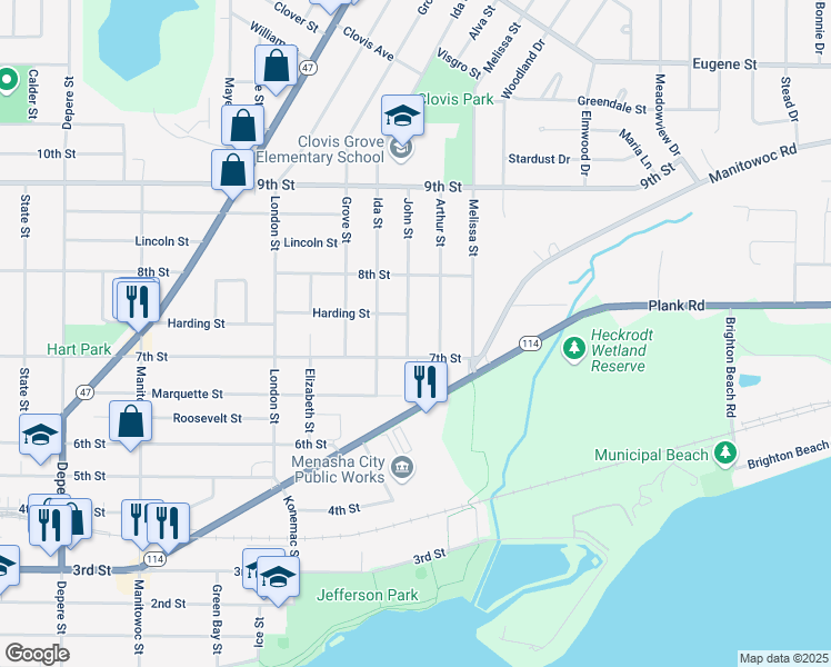 map of restaurants, bars, coffee shops, grocery stores, and more near 713 John Street in Menasha