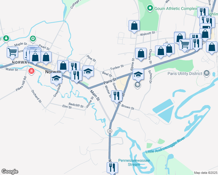 map of restaurants, bars, coffee shops, grocery stores, and more near 34 Winter Street in Norway