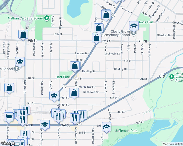 map of restaurants, bars, coffee shops, grocery stores, and more near 856 7th Street in Menasha