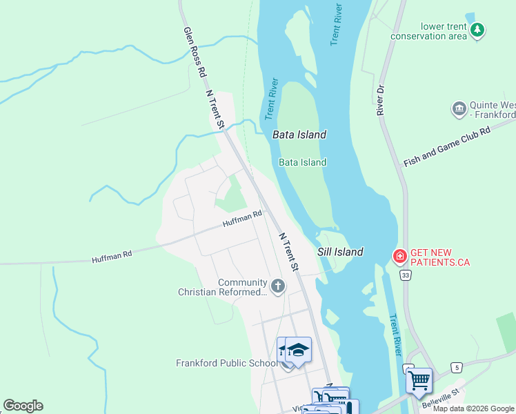 map of restaurants, bars, coffee shops, grocery stores, and more near 13 Huffman Road in Quinte West