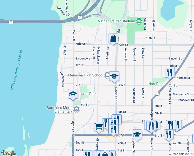map of restaurants, bars, coffee shops, grocery stores, and more near 734 Milwaukee Street in Menasha